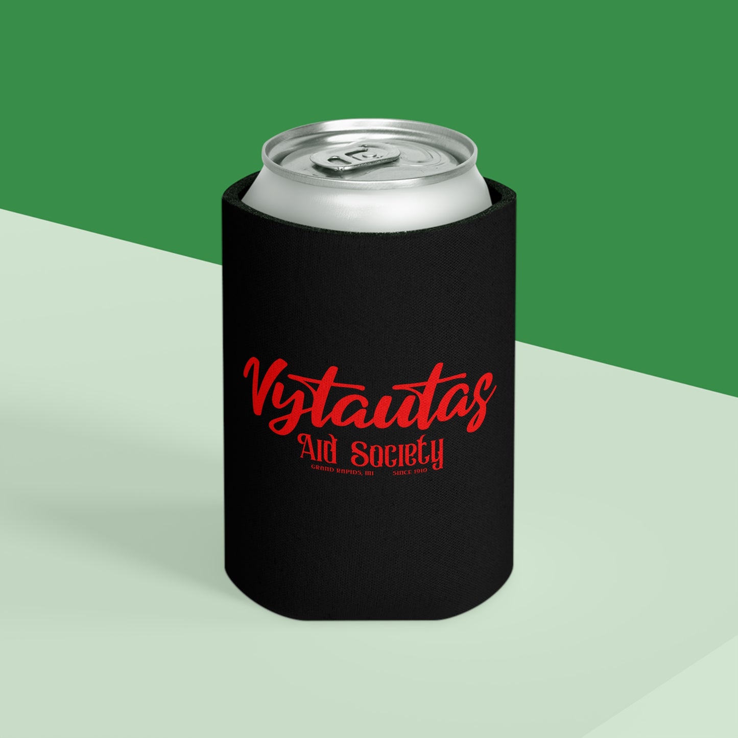 Can Cooler – Vytautas Aid Society Red Script Logo