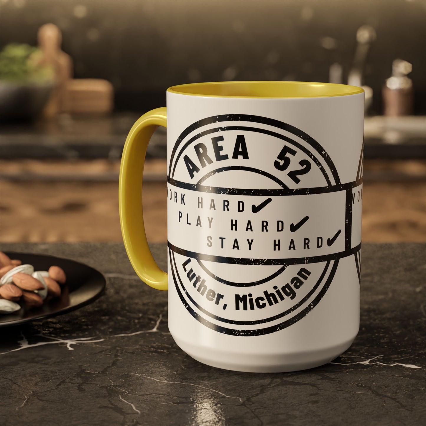 Area 52 Coffee Mug — "Work Hard Play Hard Stay Hard" (Luther, Michigan)