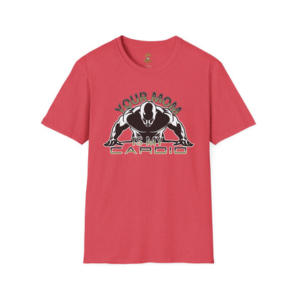 Funny t shirt for dads featuring 'Your Mom Is My Cardio' design in red color, perfect for humorous occasions.