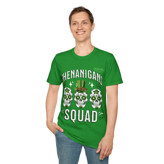 Vytautas St. Patrick's Day Leprechaun T-Shirt — "Shenanigans Squad" Sugar Skull Design