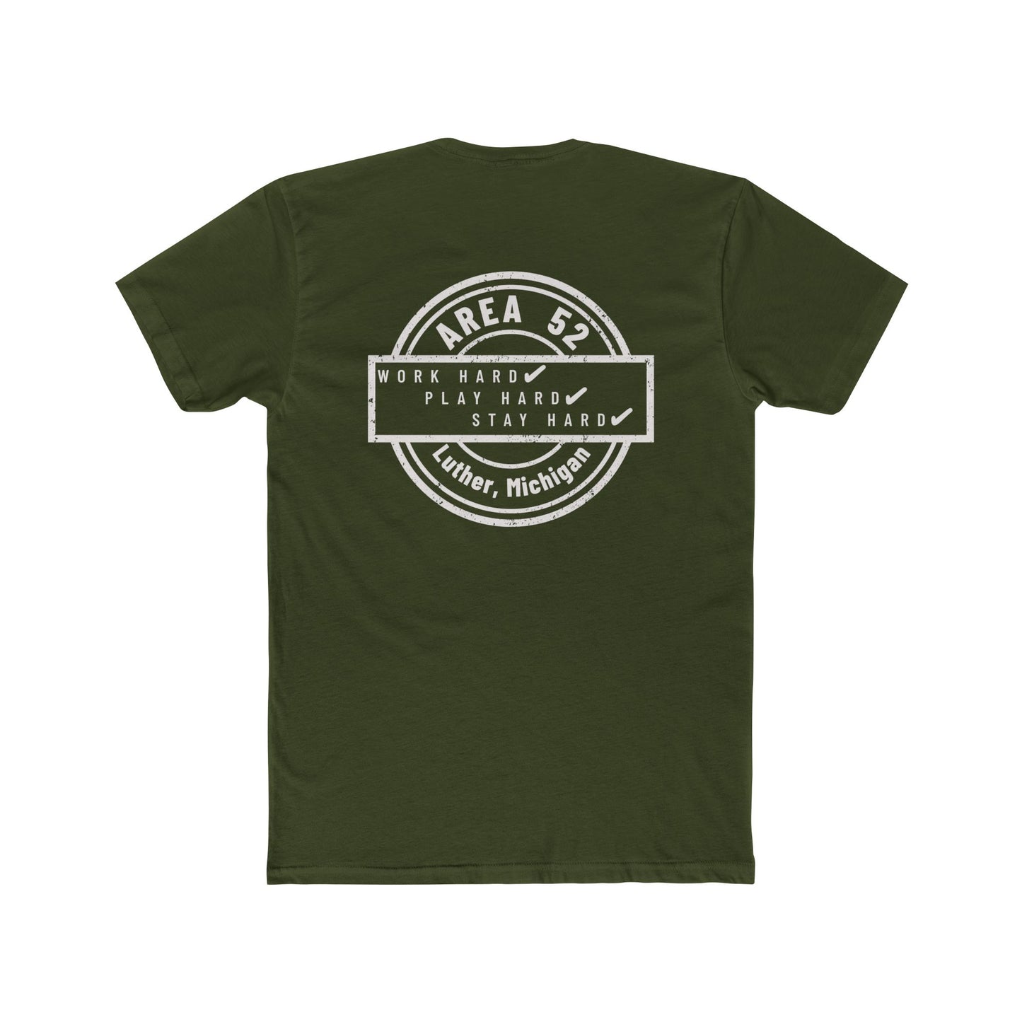 Area 52 Luther MI Stamp T-Shirt — "Work Hard Play Hard Stay Weird" Vintage Badge Tee