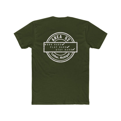 Area 52 Luther MI Stamp T-Shirt — "Work Hard Play Hard Stay Weird" Vintage Badge Tee