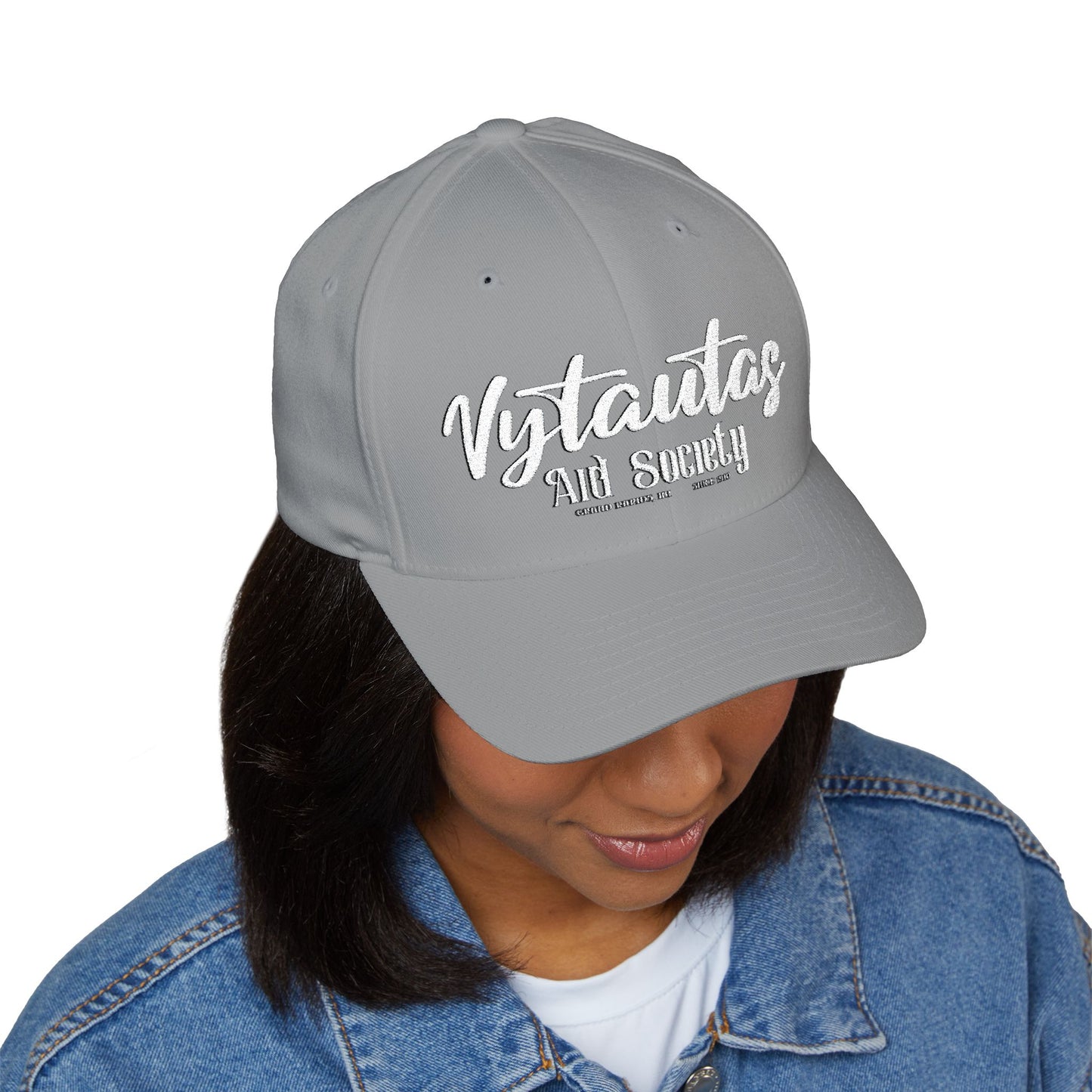 Vytautas Fitted Embroidered Cap — Retro Script Logo Fitted Baseball Hat