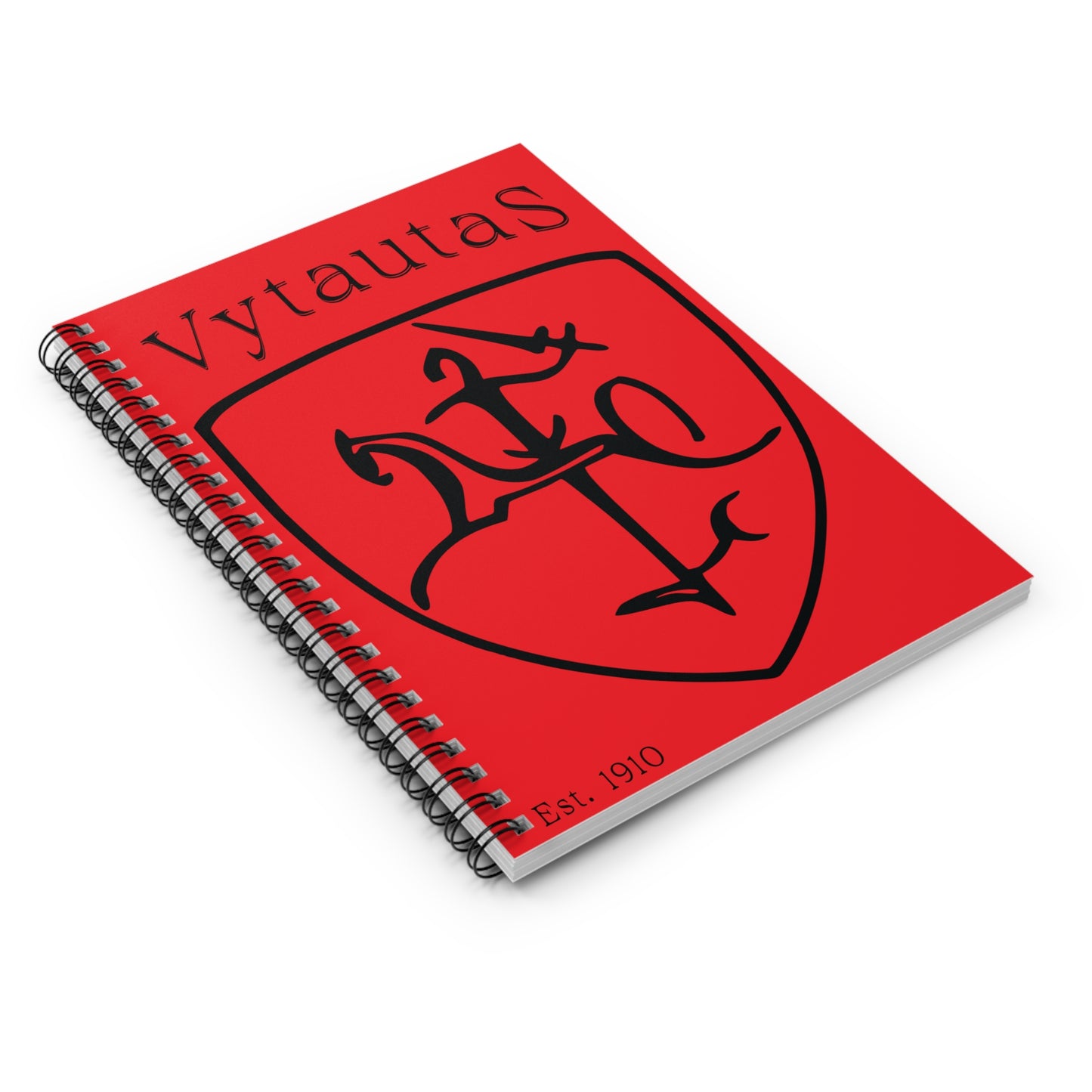 Vytautas Shield Spiral Notebook 2 — New Black on Red Journal (Est. 1910)