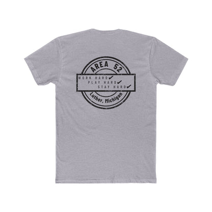 Area 52 Luther MI Stamp T-Shirt — "Work Hard Play Hard Stay Weird" Vintage Badge Tee