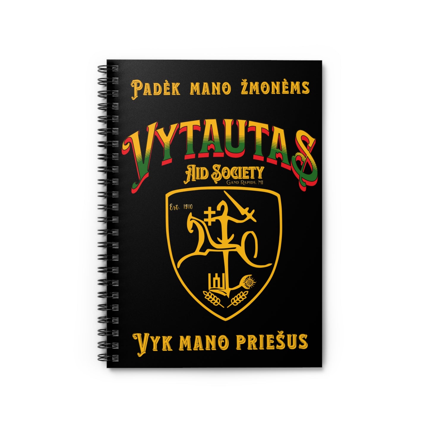 Vytautas Gold on Black Vytautas Shield Spiral Notebook — Journal (Est. 1910)