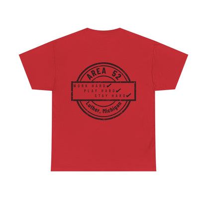 Area 52 T-Shirt – Vintage Stamp Design (Work Hard Play Hard, Luther MI)