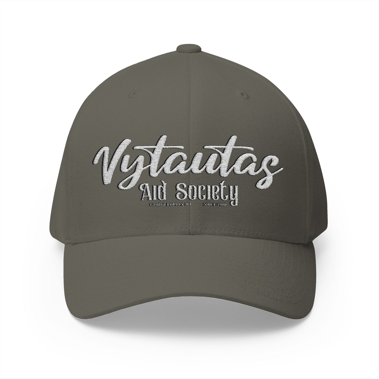 Vytautas Fitted Embroidered Cap — Retro Script Logo Fitted Baseball Hat