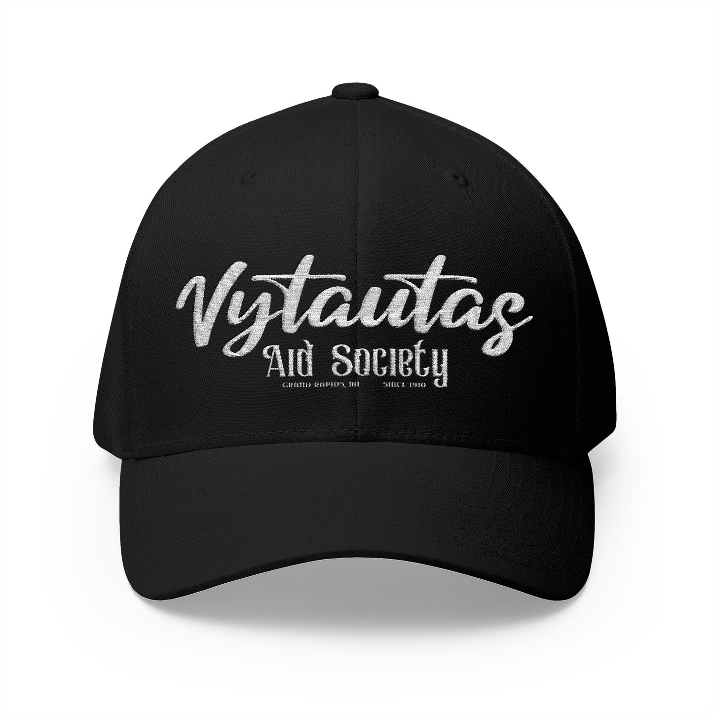 Vytautas Fitted Embroidered Cap — Retro Script Logo Fitted Baseball Hat