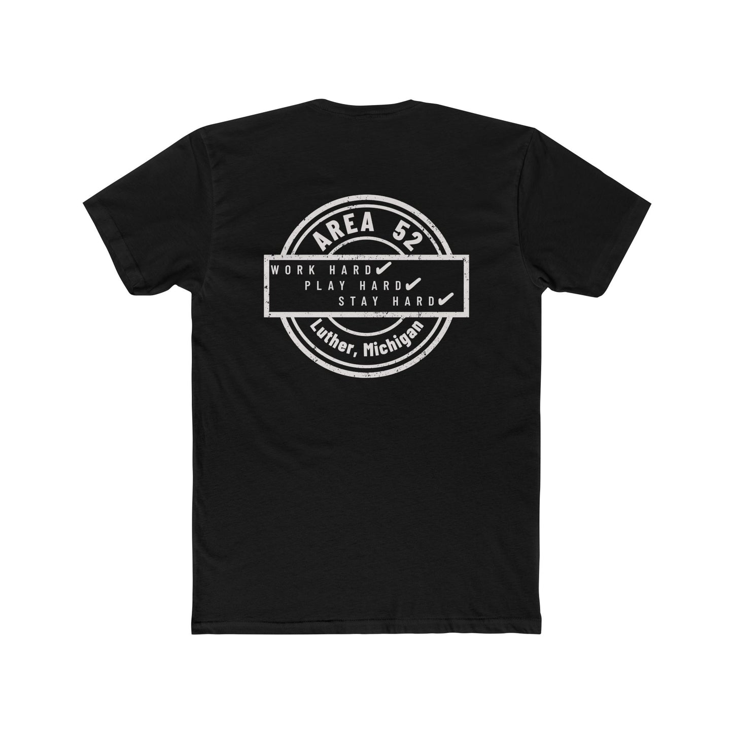 Area 52 Luther MI Stamp T-Shirt — "Work Hard Play Hard Stay Weird" Vintage Badge Tee