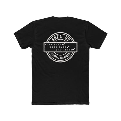 Area 52 Luther MI Stamp T-Shirt — "Work Hard Play Hard Stay Weird" Vintage Badge Tee