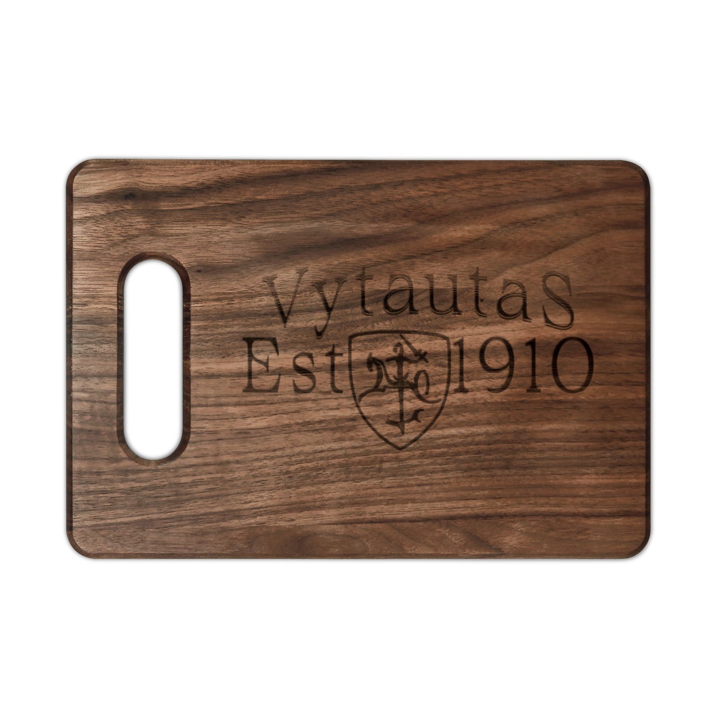 Vytautas Est. 1910 Engraved Wooden Cutting Board – Personalized Lithuanian Crest Gift