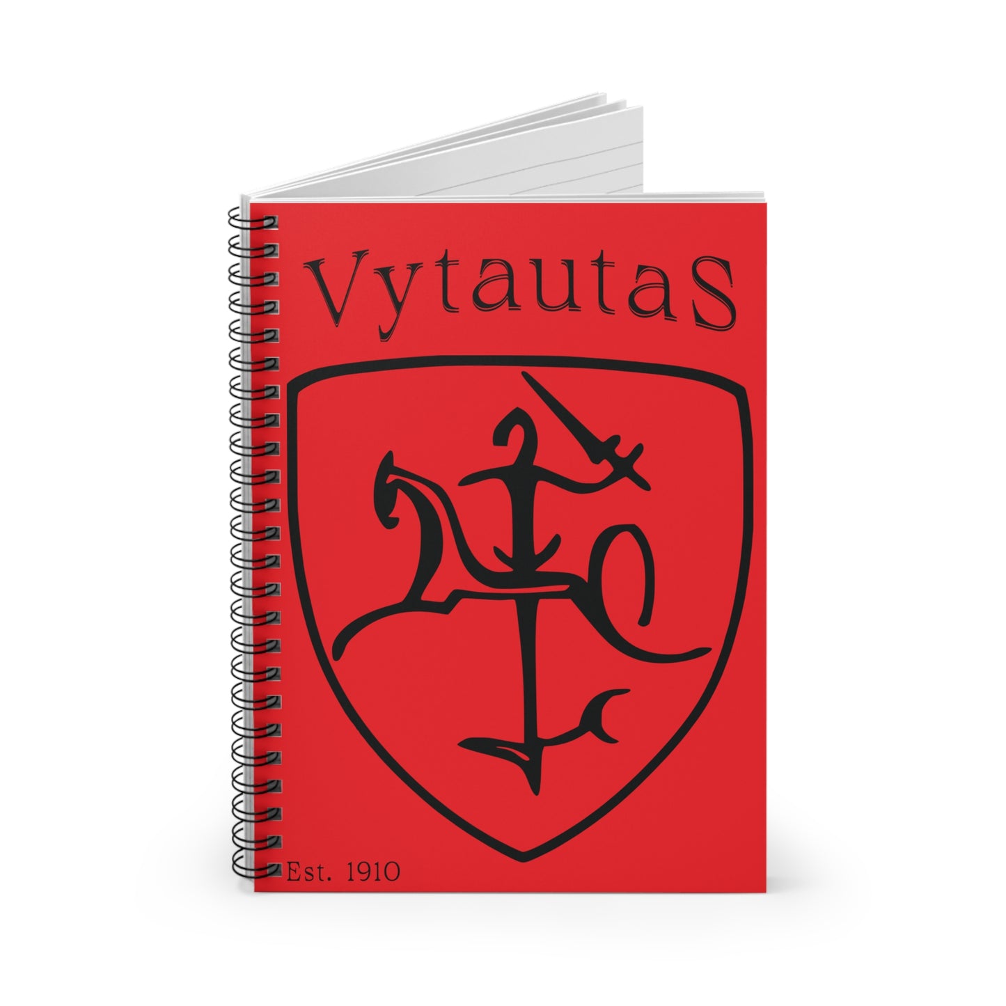 Vytautas Shield Spiral Notebook 2 — New Black on Red Journal (Est. 1910)