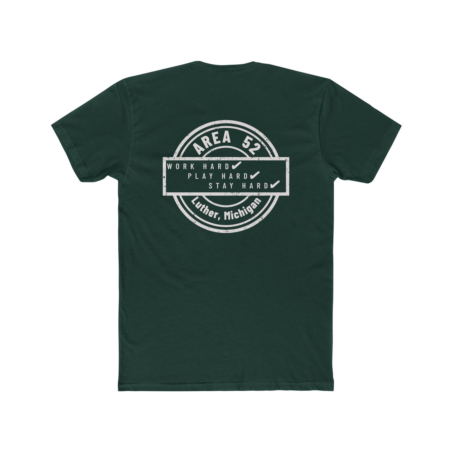 Area 52 Luther MI Stamp T-Shirt — "Work Hard Play Hard Stay Weird" Vintage Badge Tee