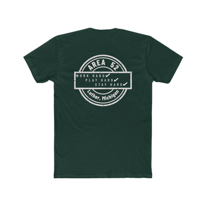 Area 52 Luther MI Stamp T-Shirt — "Work Hard Play Hard Stay Weird" Vintage Badge Tee