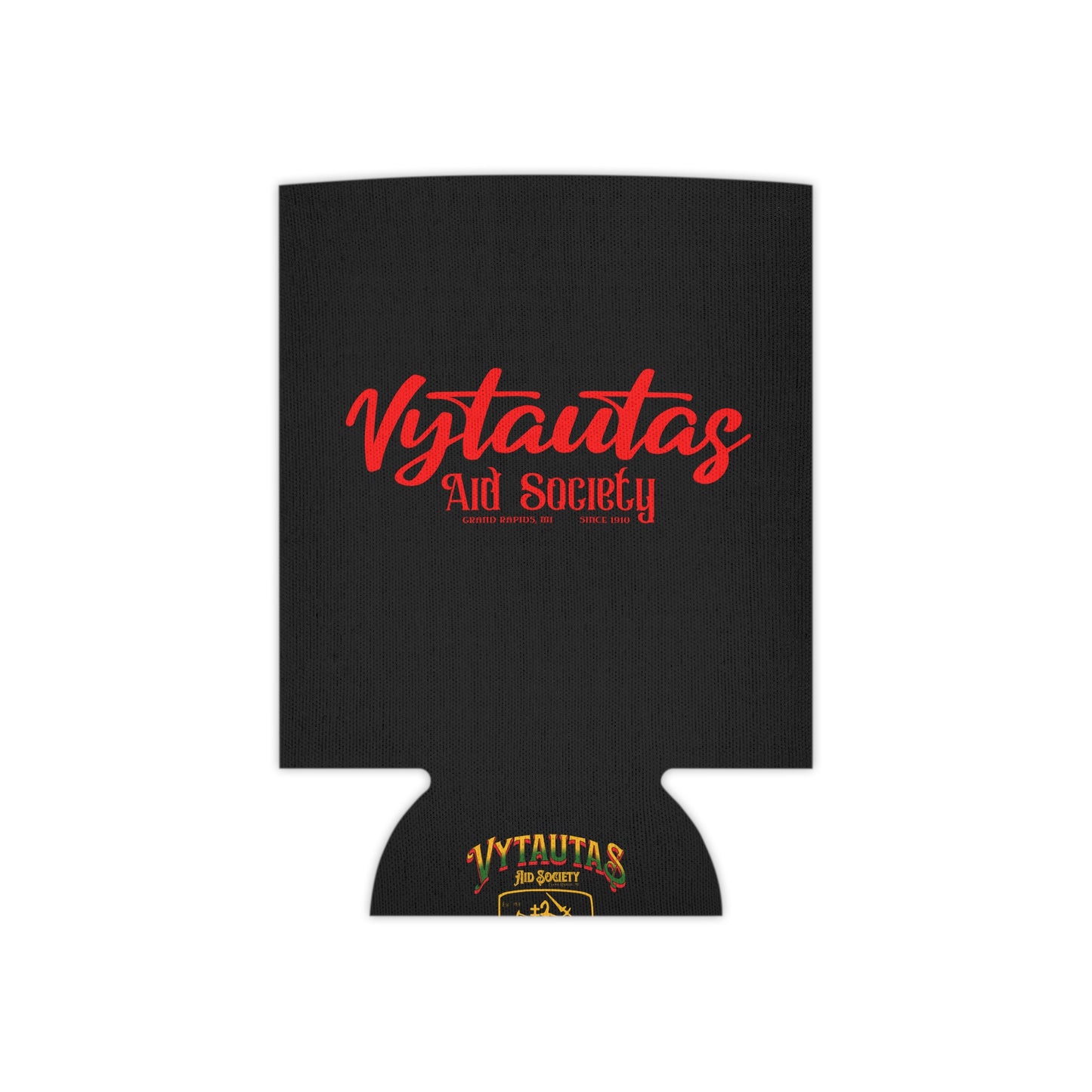 Can Cooler – Vytautas Aid Society Red Script Logo