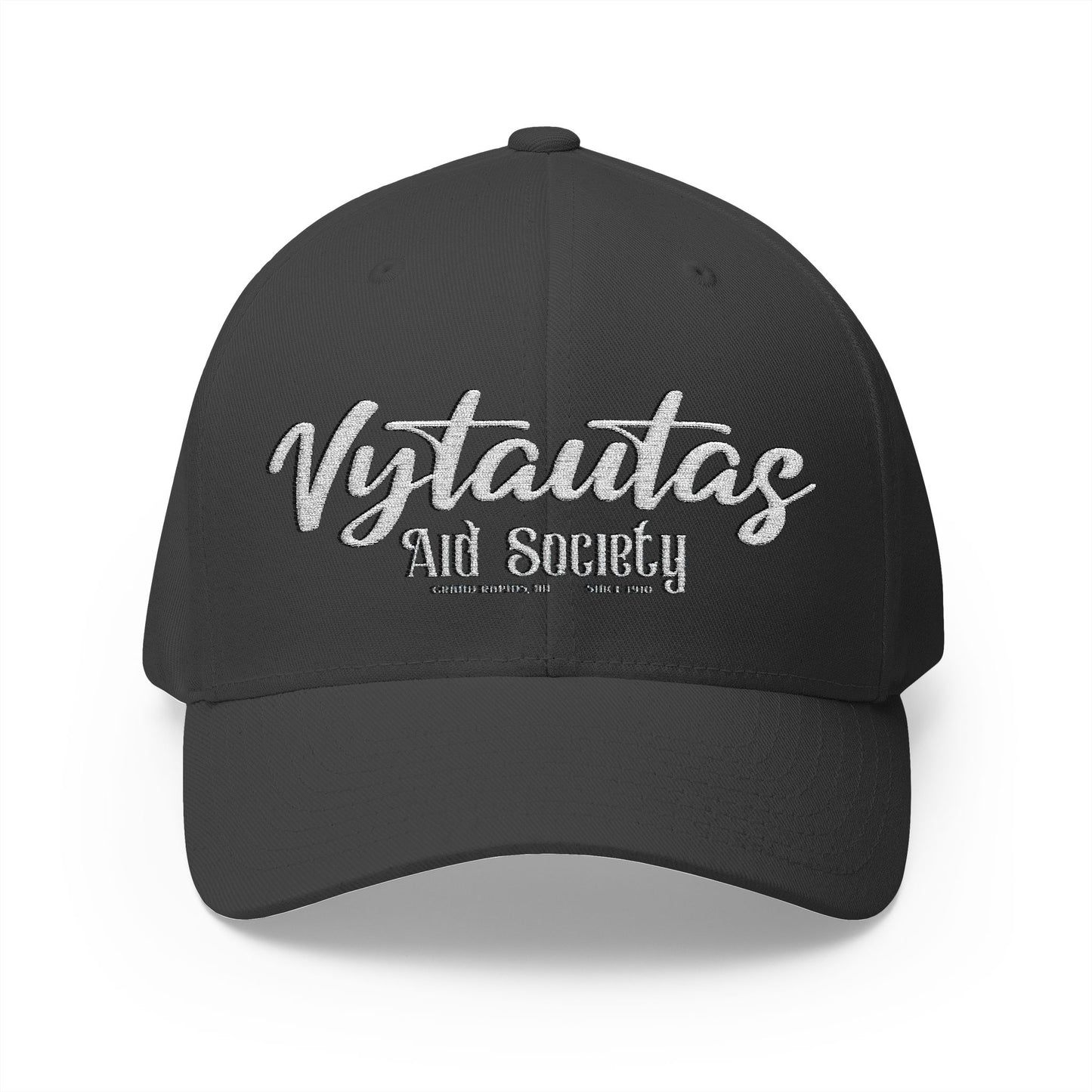 Vytautas Fitted Embroidered Cap — Retro Script Logo Fitted Baseball Hat