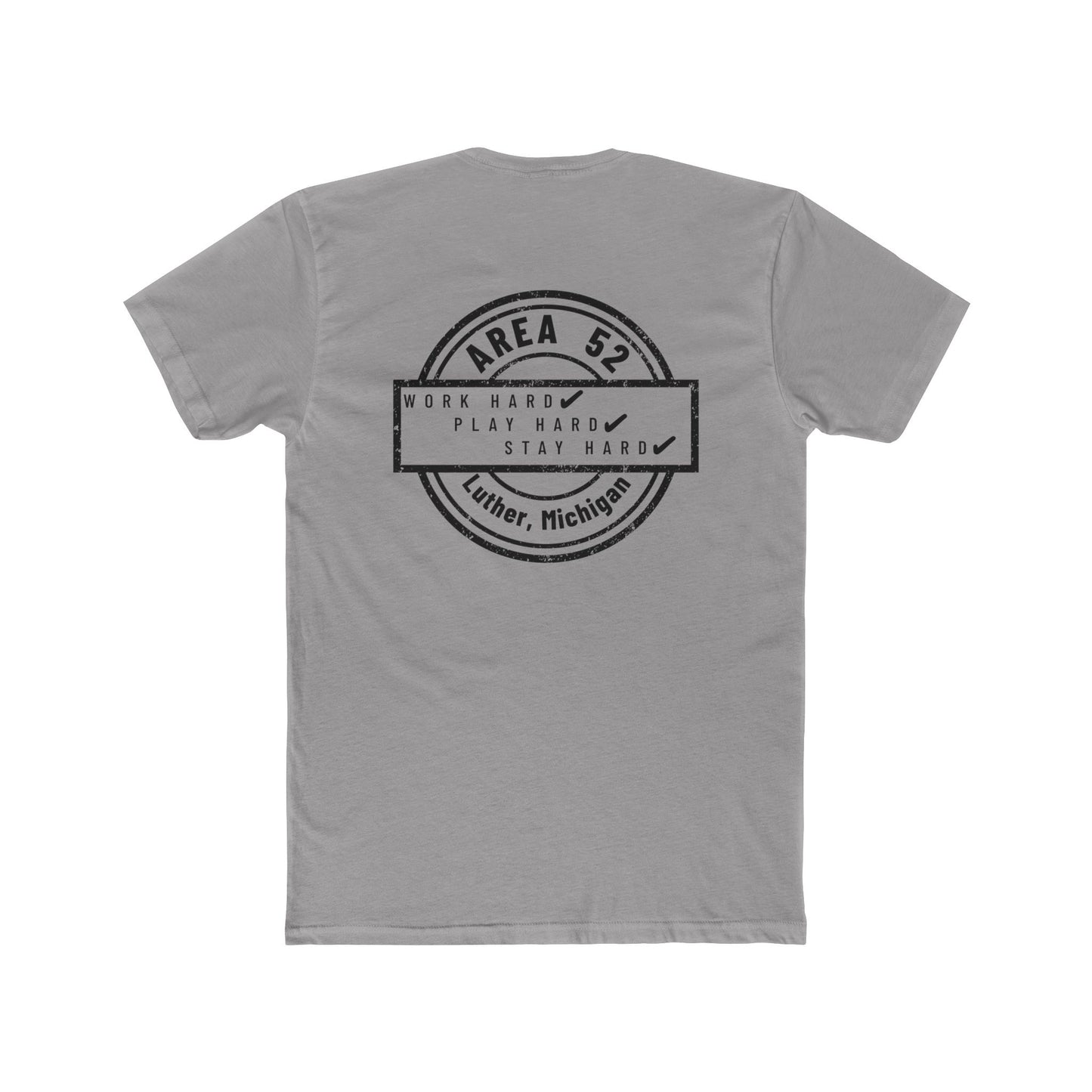 Area 52 Luther MI Stamp T-Shirt — "Work Hard Play Hard Stay Weird" Vintage Badge Tee