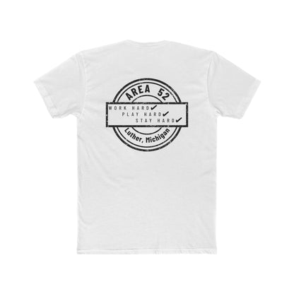 Area 52 Luther MI Stamp T-Shirt — "Work Hard Play Hard Stay Weird" Vintage Badge Tee