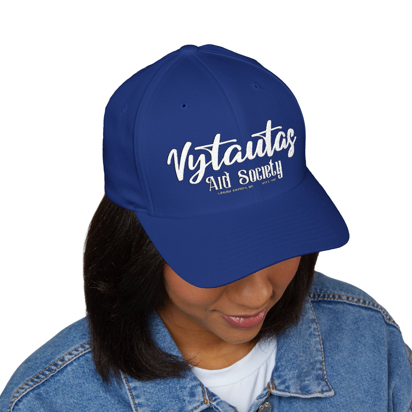 Vytautas Fitted Embroidered Cap — Retro Script Logo Fitted Baseball Hat