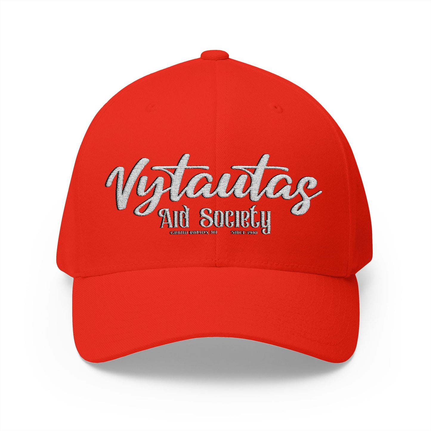 Vytautas Fitted Embroidered Cap — Retro Script Logo Fitted Baseball Hat