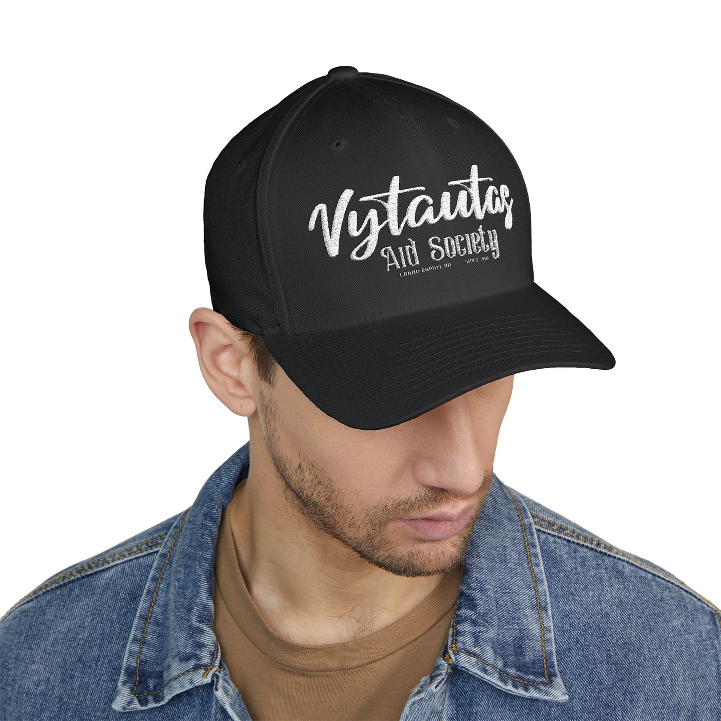 Vytautas Fitted Embroidered Cap — Retro Script Logo Fitted Baseball Hat