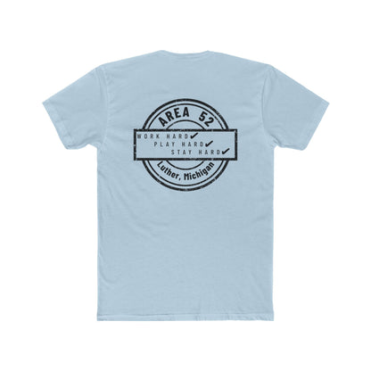 Area 52 Luther MI Stamp T-Shirt — "Work Hard Play Hard Stay Weird" Vintage Badge Tee