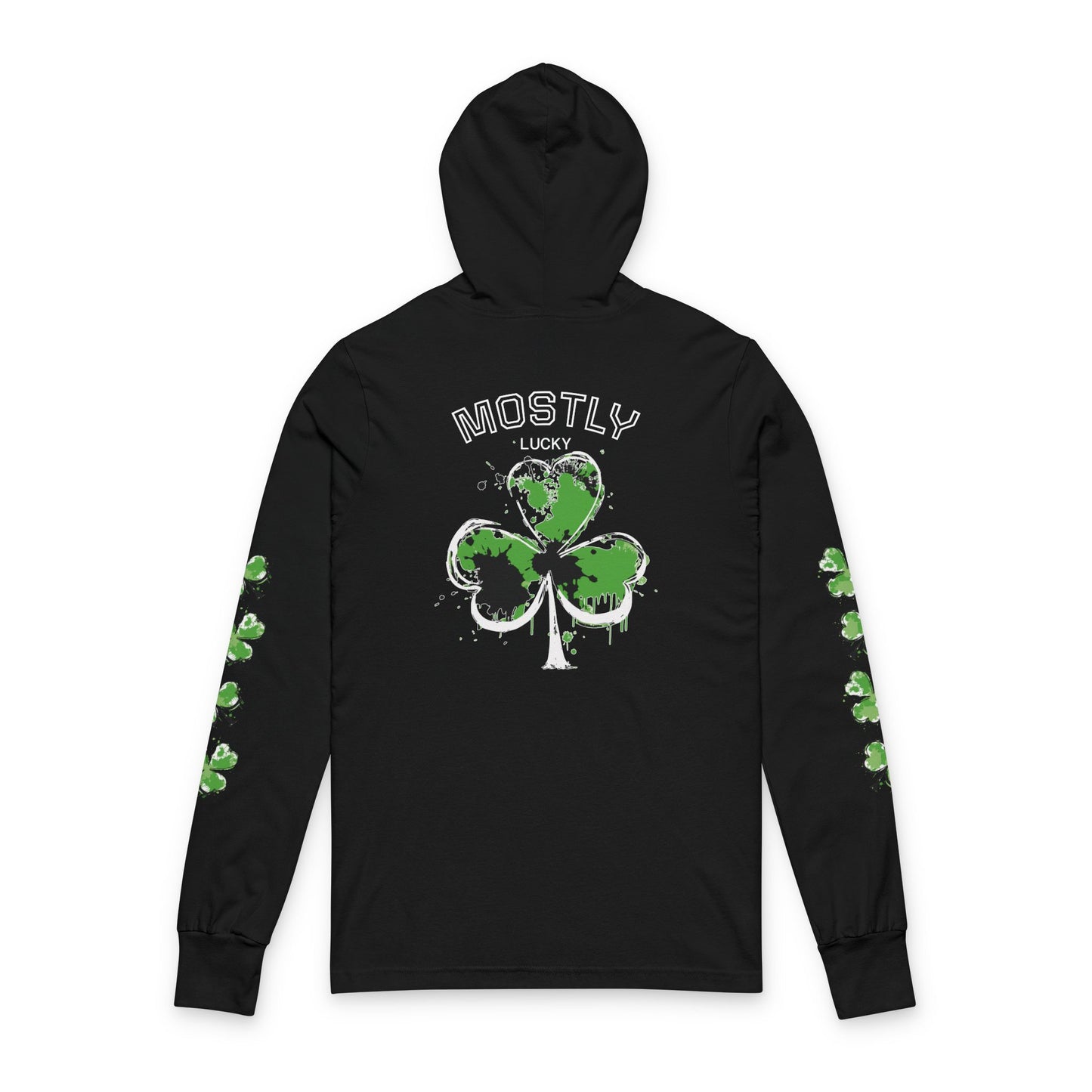 St. Patrick's Shamrock Hooded Long Sleeve Tee — 'Mostly Lucky' Graphic