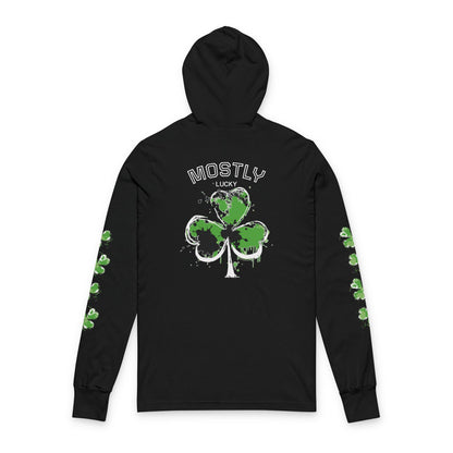 St. Patrick's Shamrock Hooded Long Sleeve Tee — 'Mostly Lucky' Graphic