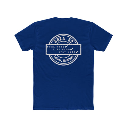 Area 52 Luther MI Stamp T-Shirt — "Work Hard Play Hard Stay Weird" Vintage Badge Tee