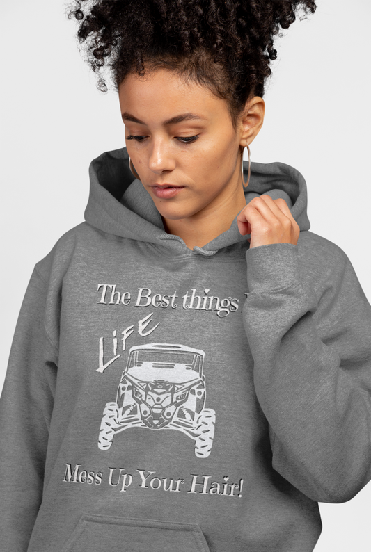 Hooded Long Sleeve Tee — “The Best Things in Life Mess Up Your Hair” Off-Road Jeep Design