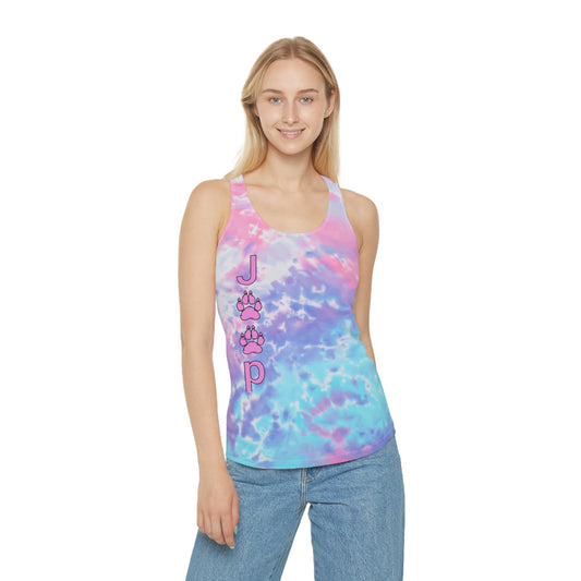 Paw Print Tie-Dye Racerback Tank Top — Light Blue "J P" Vertical Design