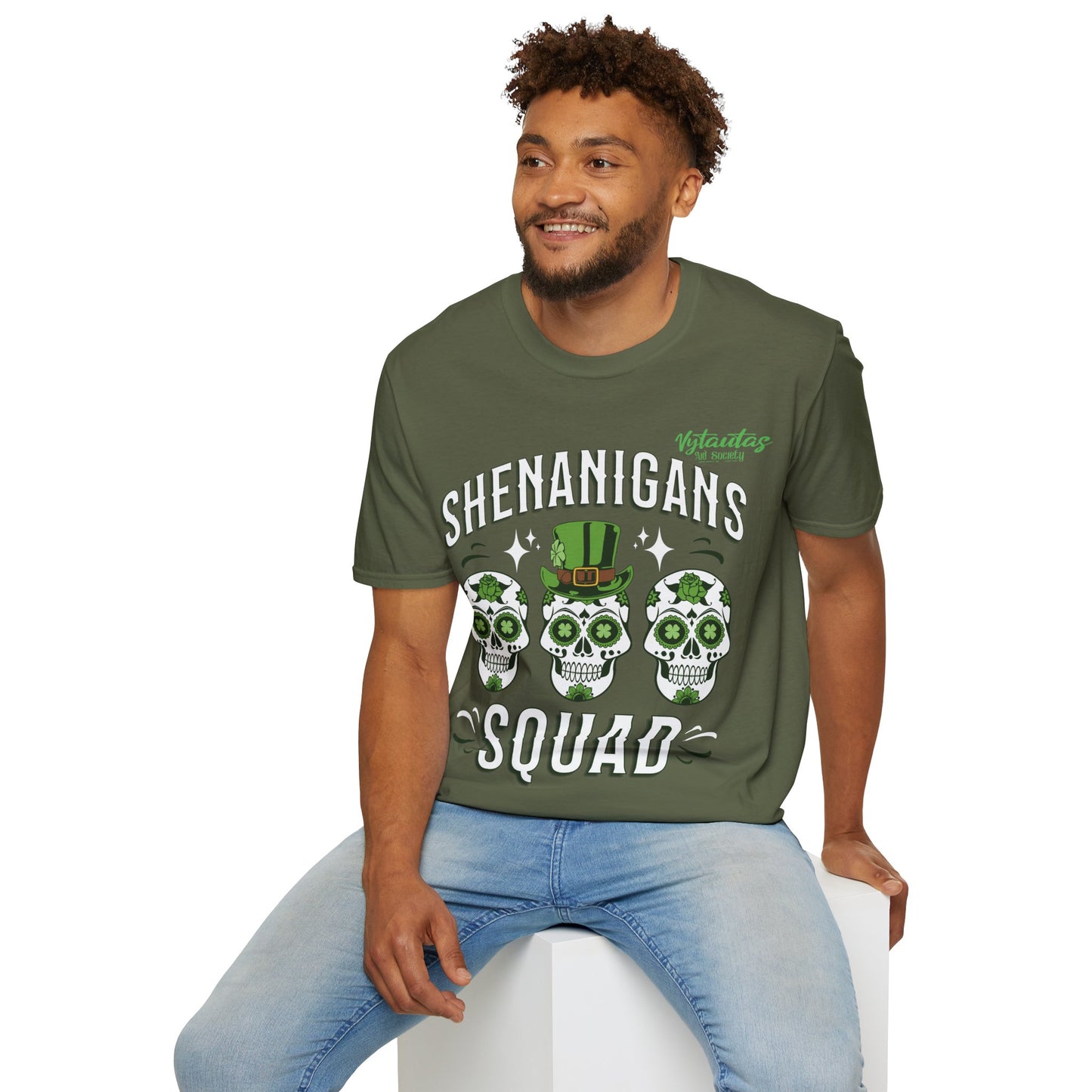 Vytautas St. Patrick's Day Leprechaun T-Shirt — "Shenanigans Squad" Sugar Skull Design