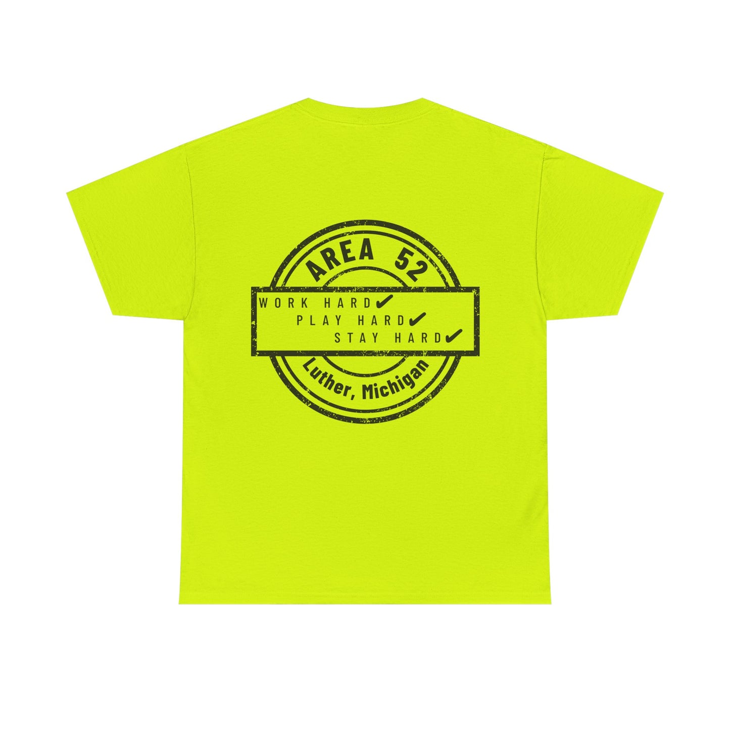 Area 52 T-Shirt – Vintage Stamp Design (Work Hard Play Hard, Luther MI)