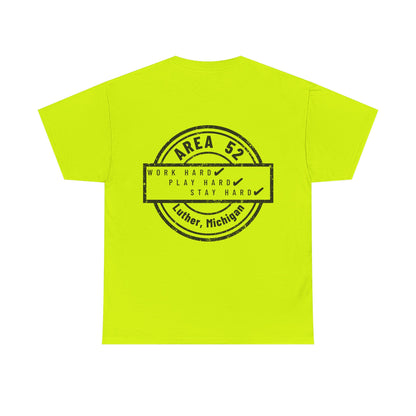 Area 52 T-Shirt – Vintage Stamp Design (Work Hard Play Hard, Luther MI)
