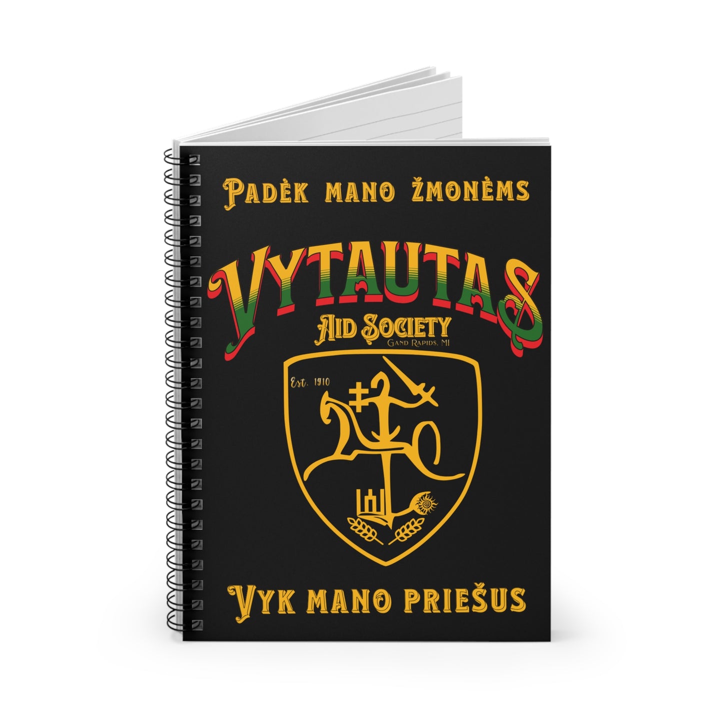 Vytautas Gold on Black Vytautas Shield Spiral Notebook — Journal (Est. 1910)