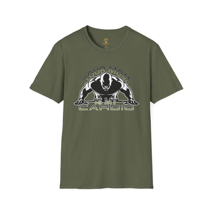 Funny t shirt for dads featuring 'Your Mom Is My Cardio' graphic on an olive green tee.
