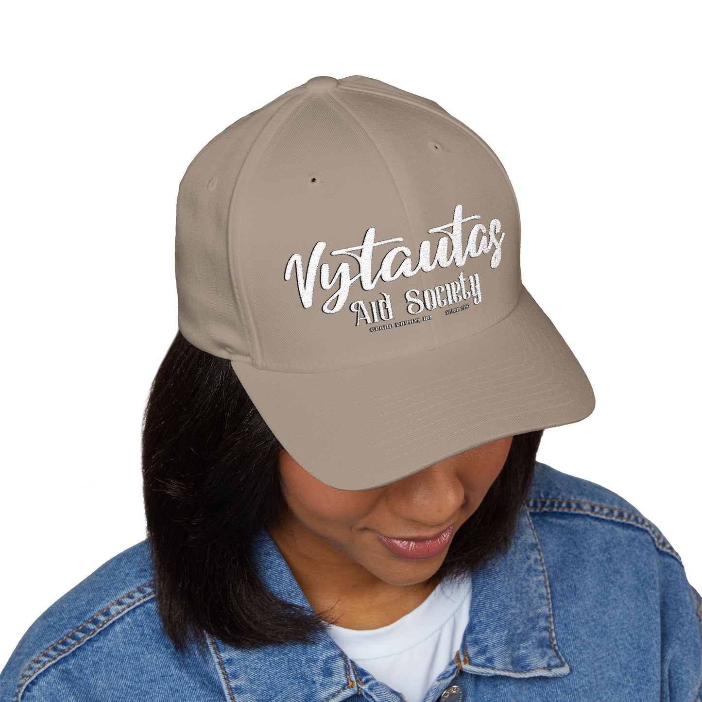 Vytautas Fitted Embroidered Cap — Retro Script Logo Fitted Baseball Hat