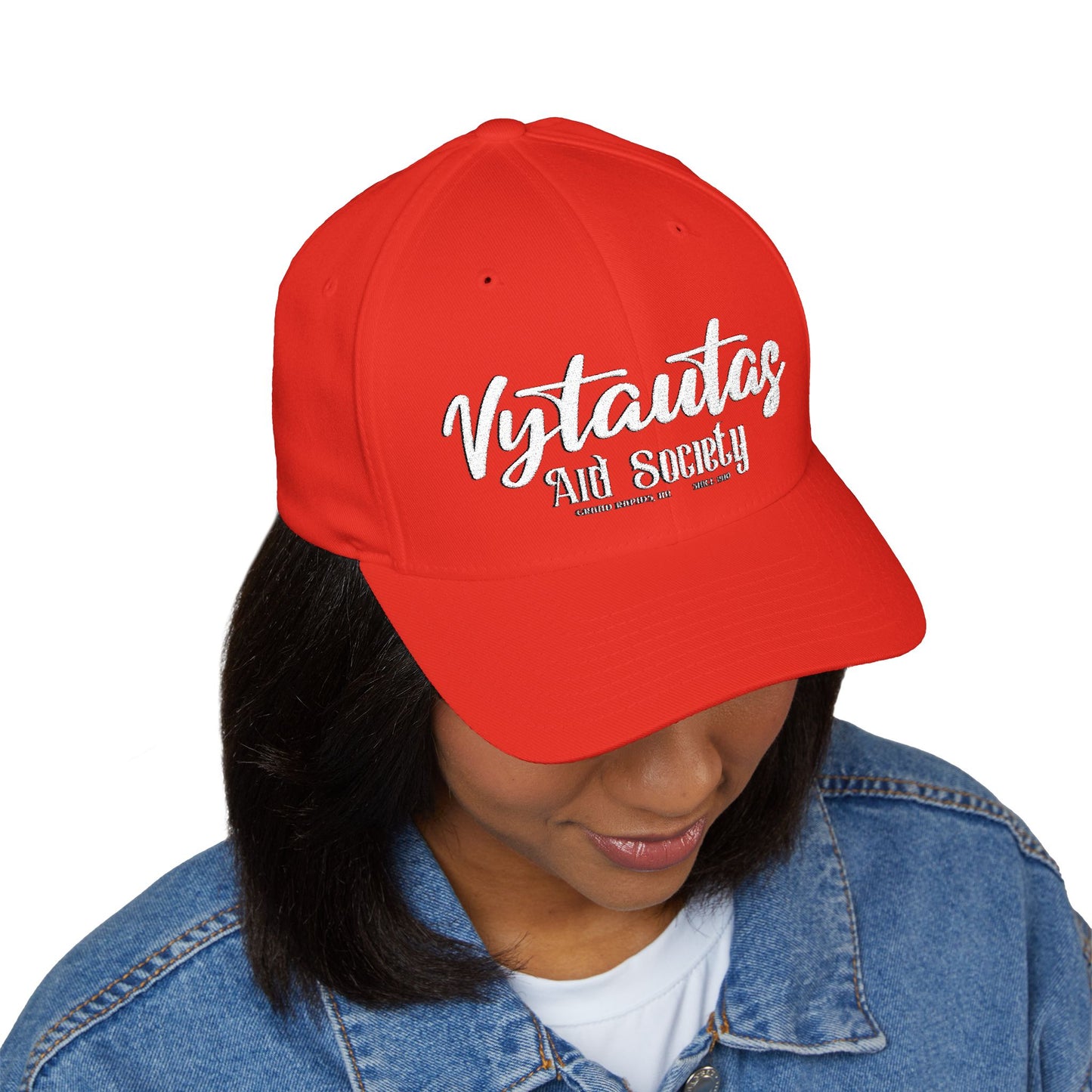 Vytautas Fitted Embroidered Cap — Retro Script Logo Fitted Baseball Hat