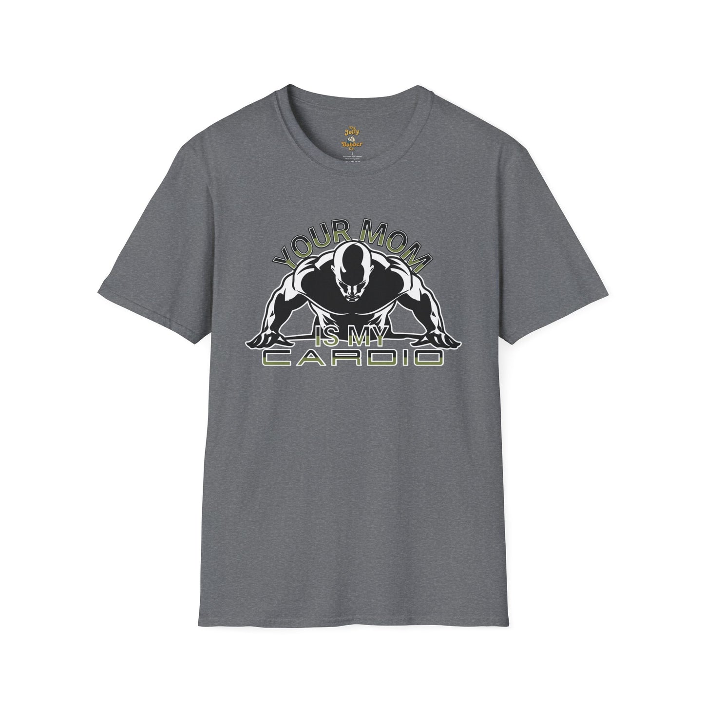 Funny t shirt for dads featuring 'Your Mom Is My Cardio' graphic design in a gray color.