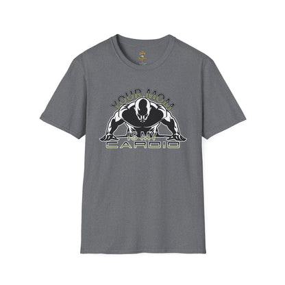 Funny t shirt for dads featuring 'Your Mom Is My Cardio' graphic design in a gray color.