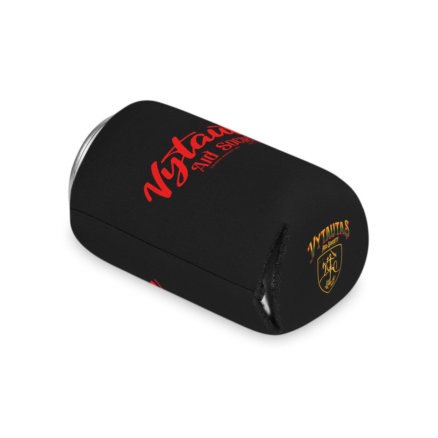 Can Cooler – Vytautas Aid Society Red Script Logo