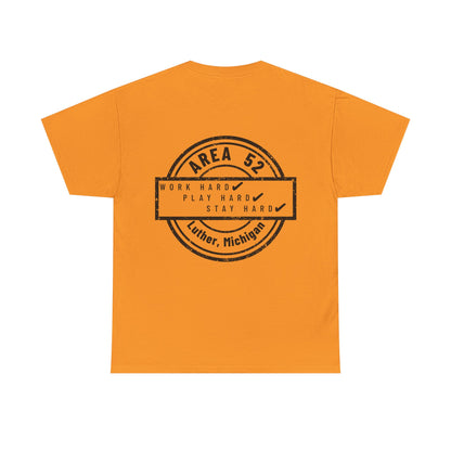 Area 52 T-Shirt – Vintage Stamp Design (Work Hard Play Hard, Luther MI)