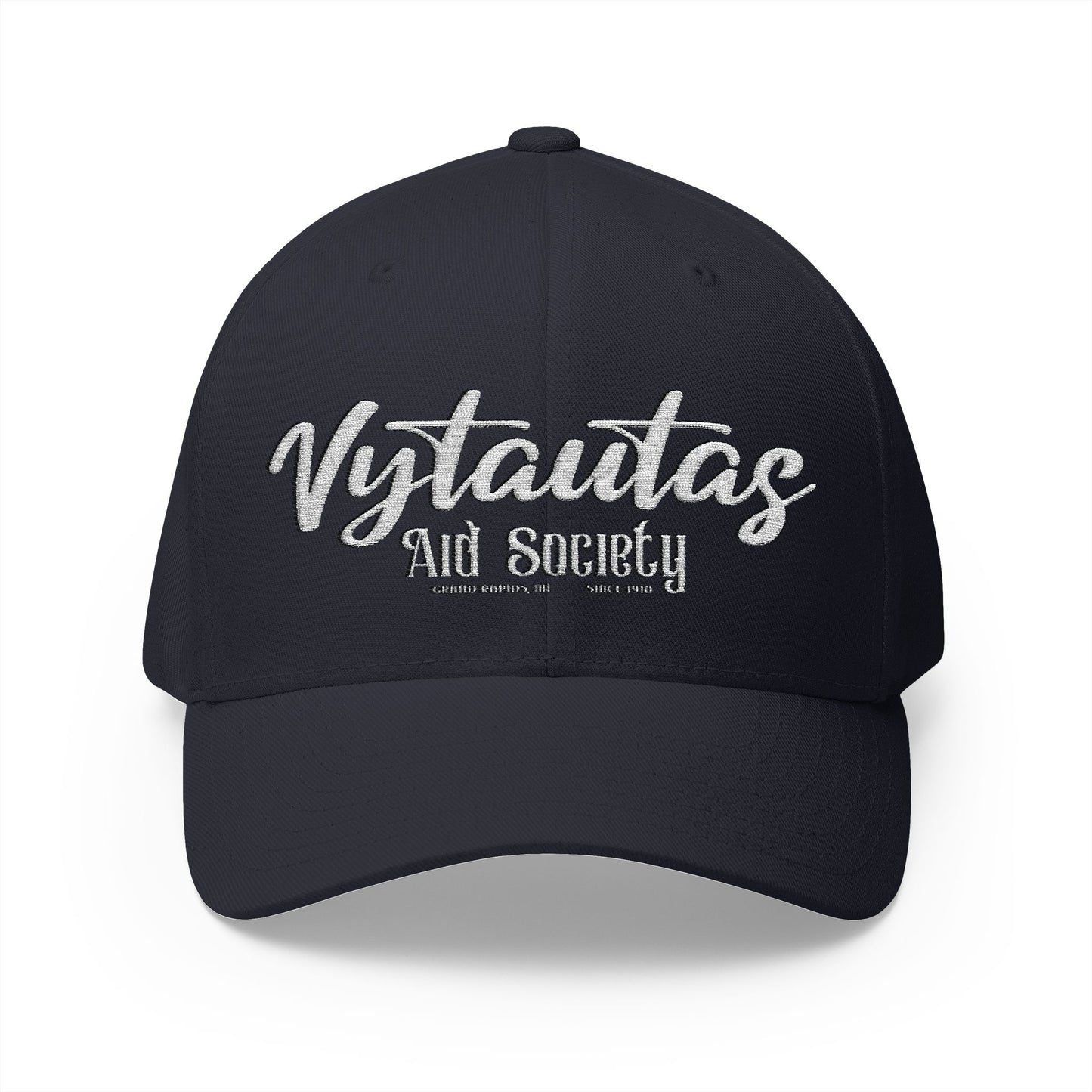 Vytautas Fitted Embroidered Cap — Retro Script Logo Fitted Baseball Hat