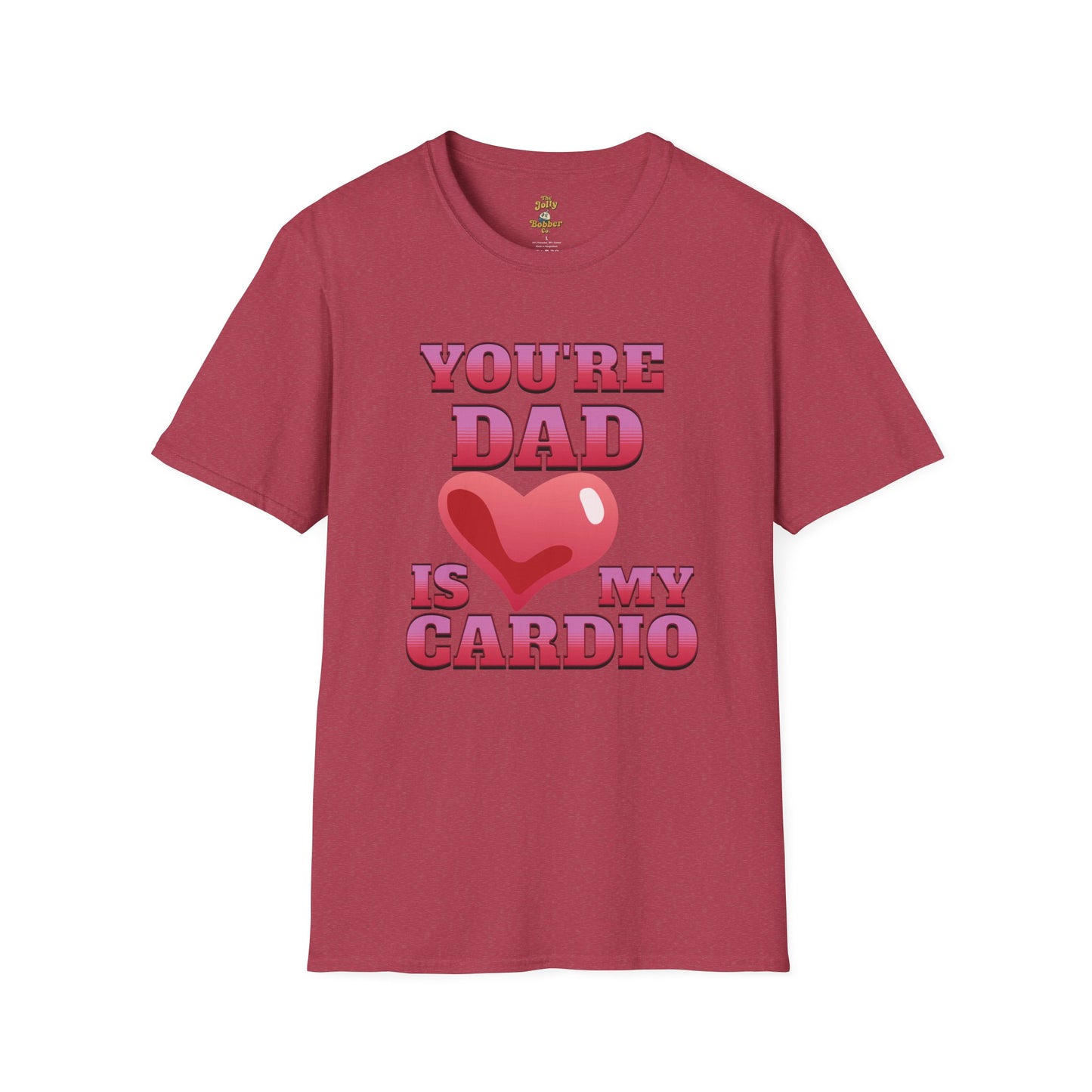 Funny T Shirt for Mom's featuring 'Your Dad Is My Cardio' design, perfect for casual wear and lighthearted humor in red