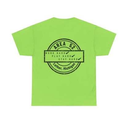 Area 52 T-Shirt – Vintage Stamp Design (Work Hard Play Hard, Luther MI)