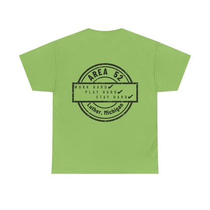 Area 52 T-Shirt – Vintage Stamp Design (Work Hard Play Hard, Luther MI)