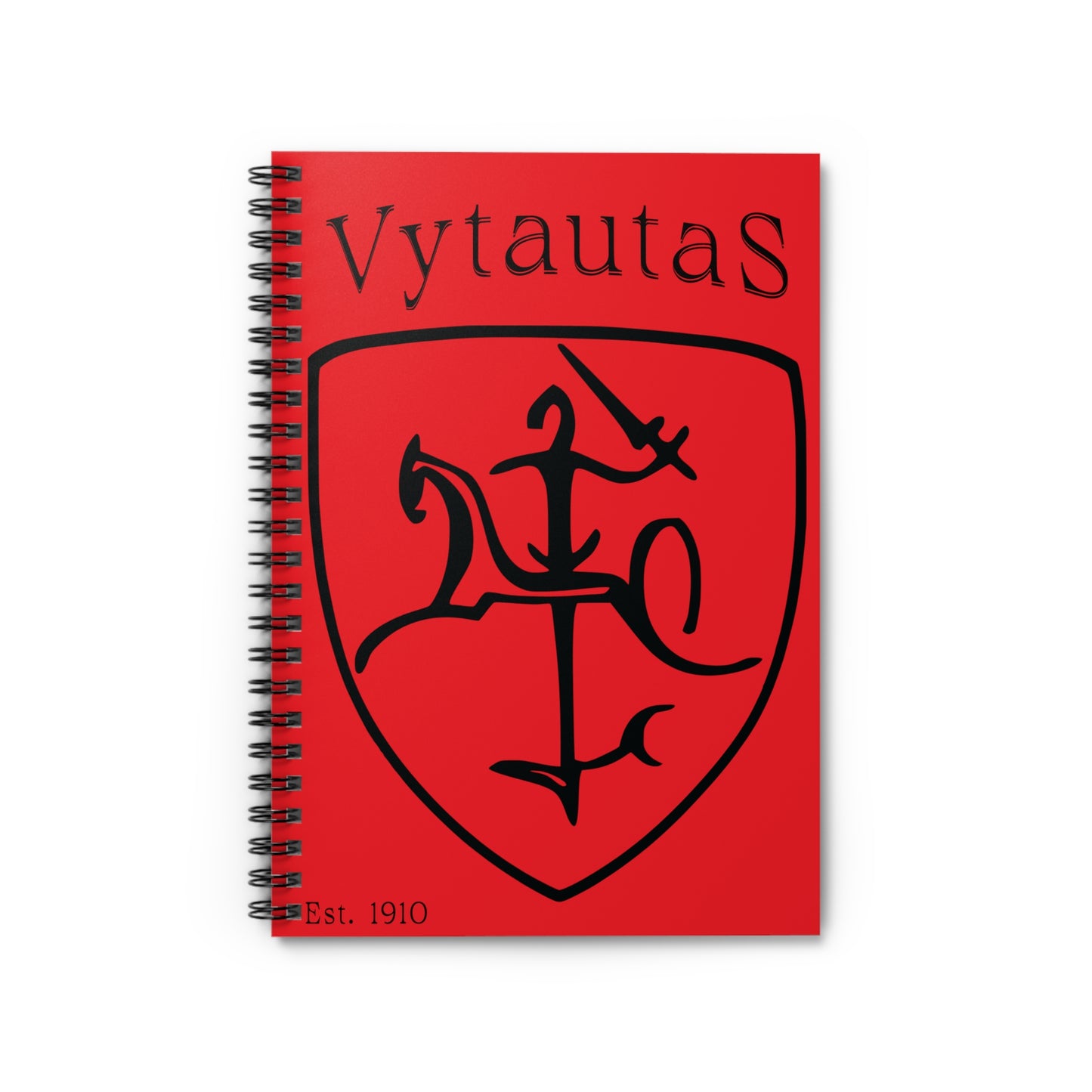 Vytautas Shield Spiral Notebook 2 — New Black on Red Journal (Est. 1910)