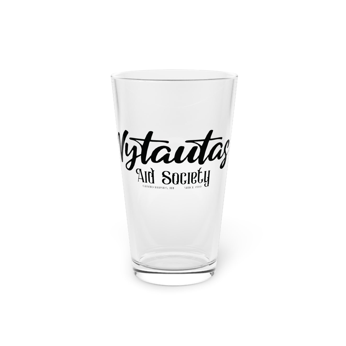 Vytautas Aid Society 16oz Pint Glass – Clear Drinking Glass with Script Logo