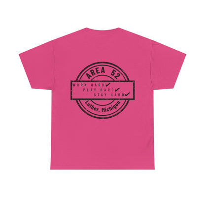 Area 52 T-Shirt – Vintage Stamp Design (Work Hard Play Hard, Luther MI)